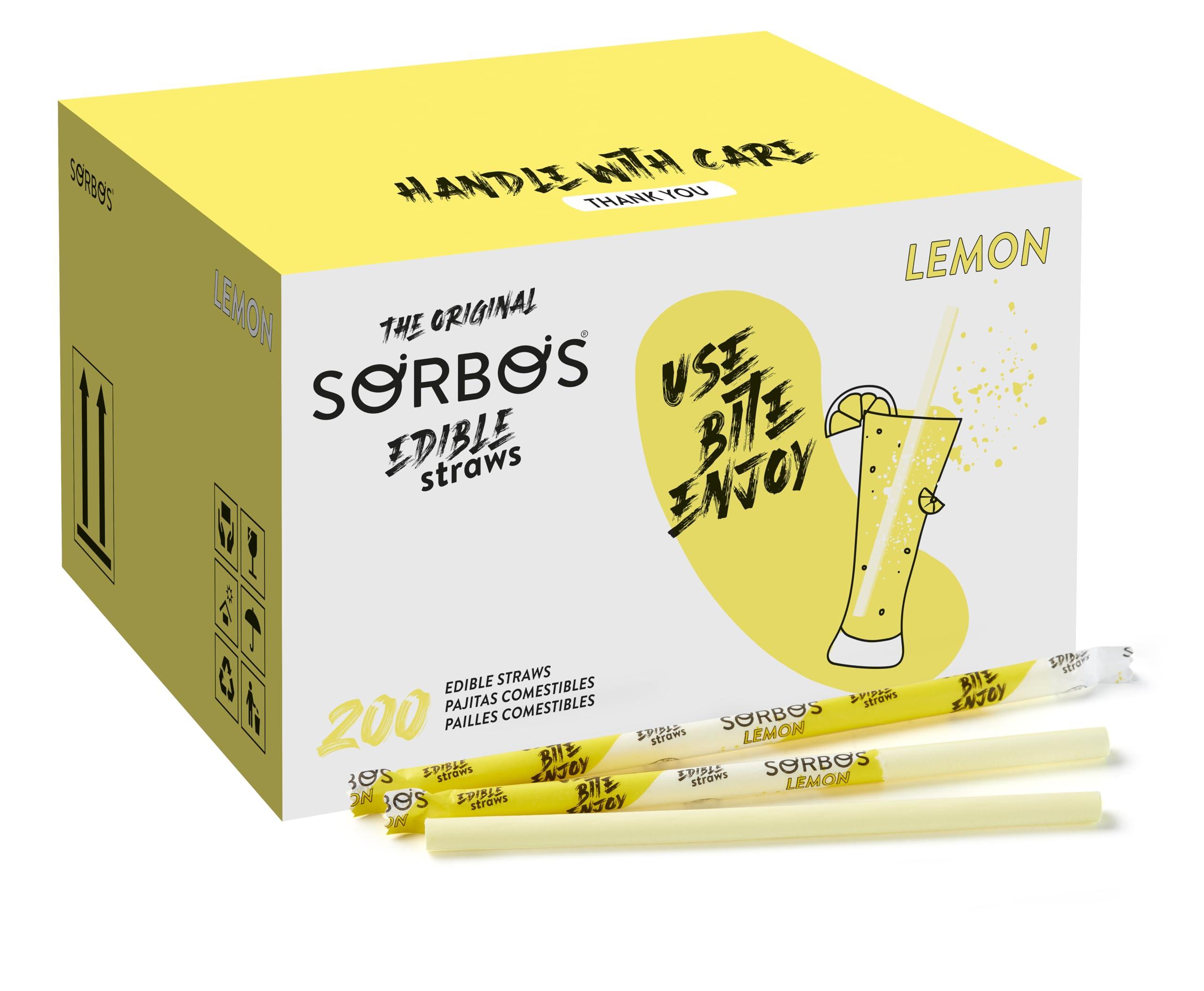 SORBOS Sorbos Edible Straws, Lemon Flavored, Sustainable, Individually Packaged, No Plastic, No Allergens, No Gluten, No PFAS, 100 Percent Biodegradable, 7.4 inches long (Pack of 200)