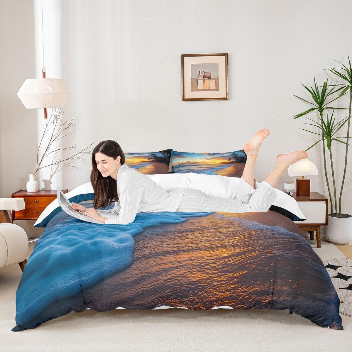 Erosebridal Beach Duvet Cover Full Ocean Bedding Kids Girls Boys Hawaiian Sea Waves Comforter Cover Tropical Sunset and Sea Beach Nature Theme Print bedding Botanical Beach House Decorative Bedspread with Zipper