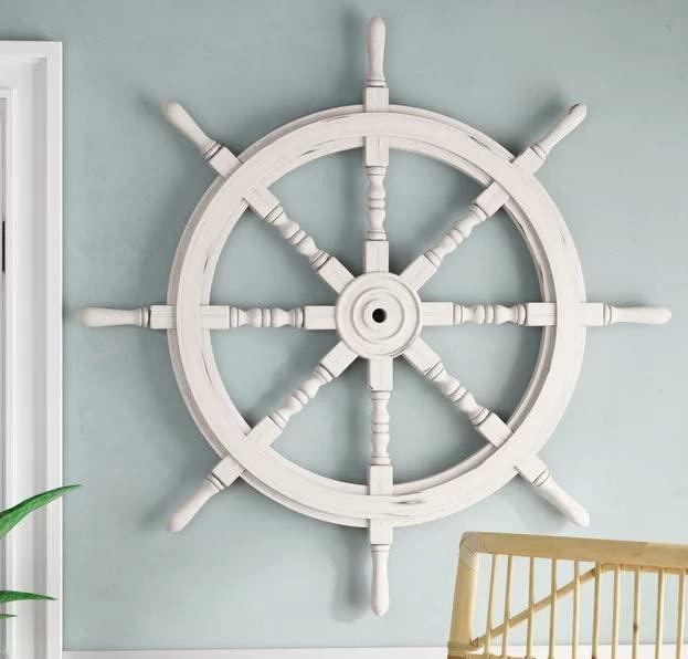 Home Dress Wooden Ship Wheel - Nautical Boat Steering Wheel, Handcrafted Solid Wood & Brass Center Hub - Vintage Pirate Ship Helm, Rustic Maritime Wall Decor for Home, Office (White 36 inch)