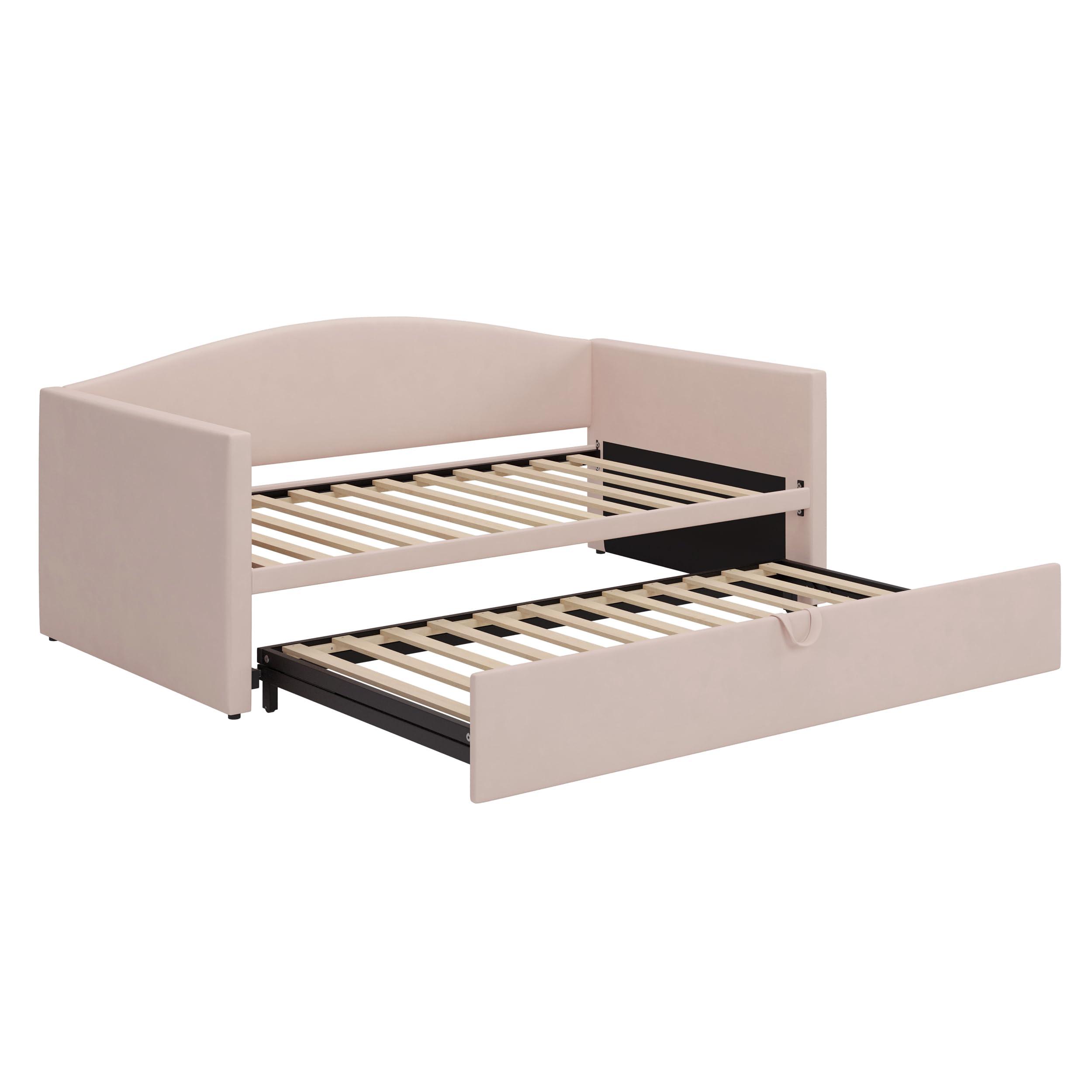 Merax Merax Twin Size Velvet Daybed with Extended Pop Up Trundle, Upholstered Sofa Bed Daybed, Space-Saving Twin to King Design for Guest Room, Pink