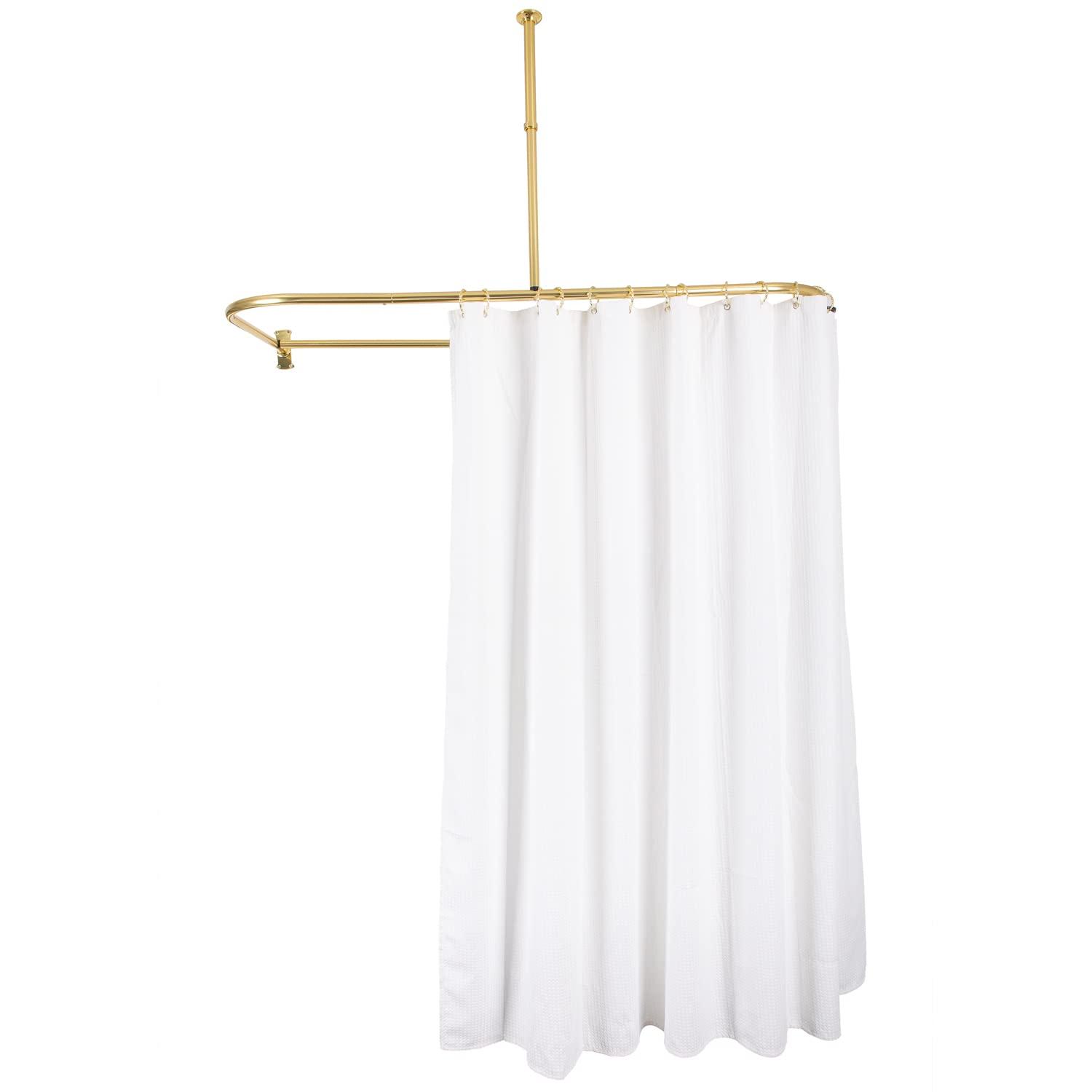 Utopia Alley Utopia Alley Rustproof Aluminum Shower Curtain Rod | D-Shape Shower Rod with Ceiling Support, Perfect for Freestanding Tub & Shower, Gold + White Curtain Combo (61"L x 28"W)