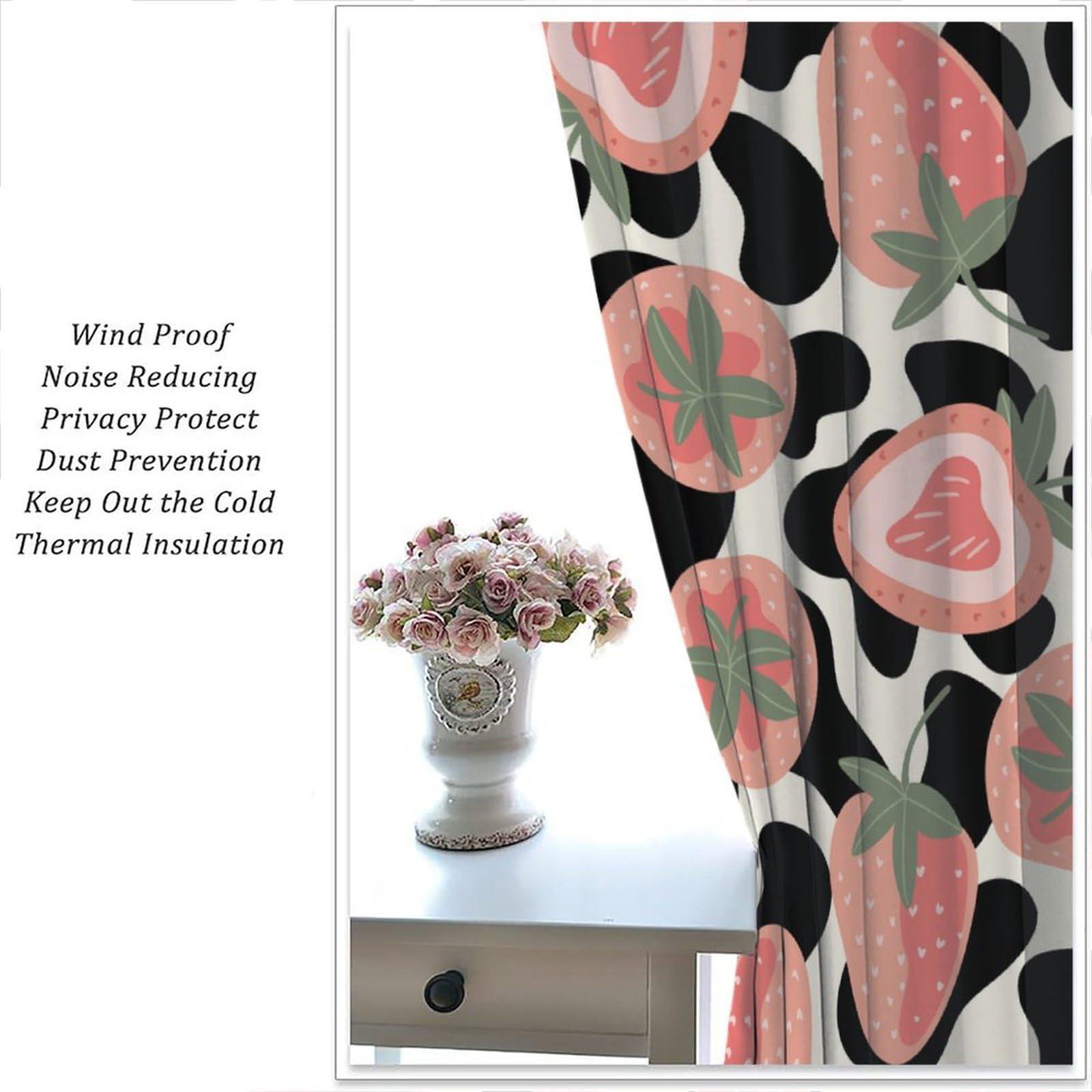 BenYaSong Milk Cow Print Blackout Curtains,Cartoon Pink Strawberry,Bull Cattle Farm Animals Black White Cowhide,Fruits Themed Window Treatments for Home Kitchen Restaurant Decoration Window Curtain 2Panel 52"W