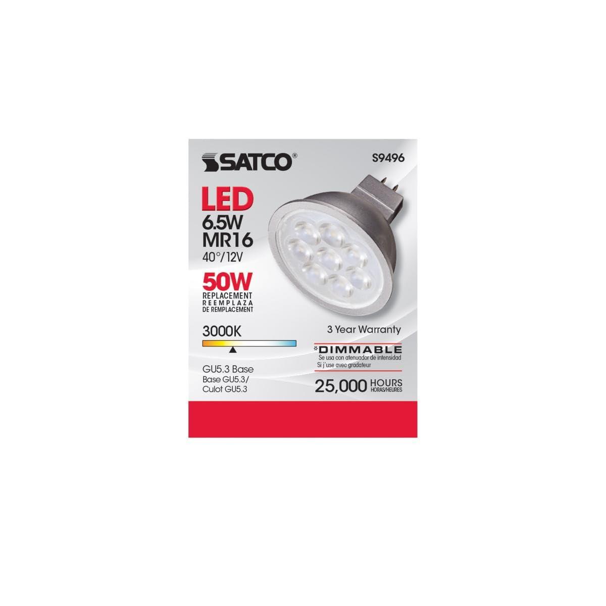 Satco Satco Lighting S9496-6.5 Watt Dimmable MR16 Low Voltage LED Light Bulbs - 3000K - 40 Degree Beam Angle - GU5.3 Base - 12 Volt AC/DC (6 Pack of Bulbs)