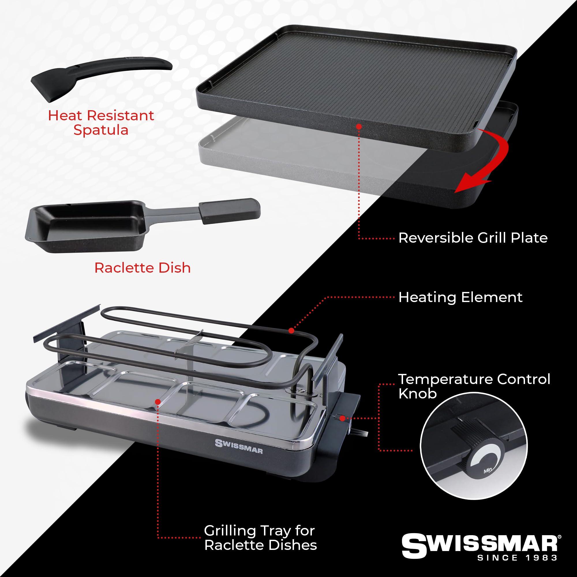 Swissmar Swissmar Classic 8-Person Raclette Party Grill with Reversible Cast Aluminum Non-Stick Grill Plate/Crepe Top, Indoor Electric Raclette Grill & Griller - Black Grill Plate - Black