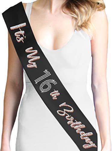 RhinestoneSash Sweet 16 Decorations - Glitter & Rhinestone It's My 16th Birthday! Premium Satin Sash - 16th Birthday Party Supplies - Black