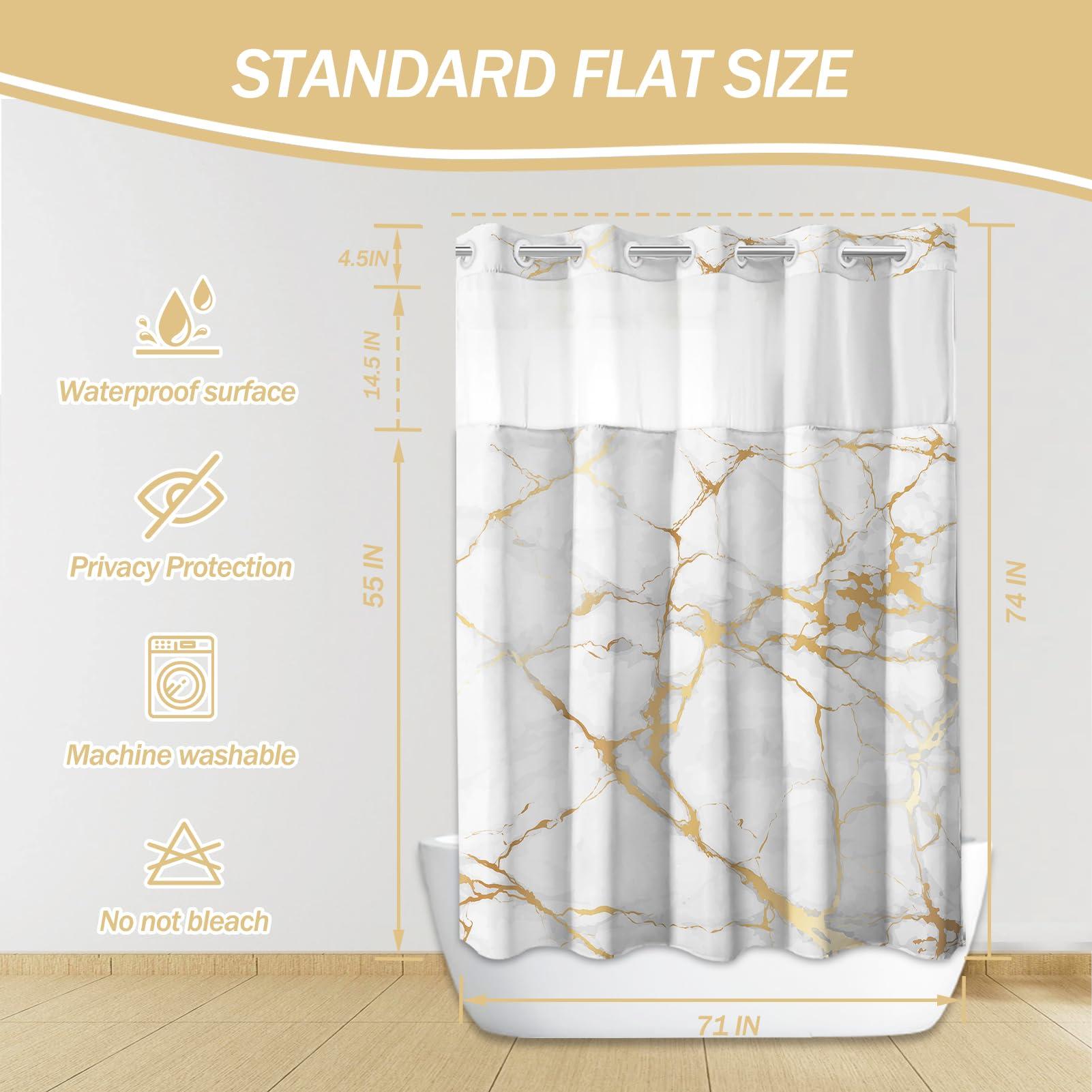 Lnond Lnond No Hook Shower Curtain with Snap in Liner, Marble Hookless Shower Curtain, White Gold Shower Curtain No Hooks,Machine Washable, 71\" (W) X 74\" (H)