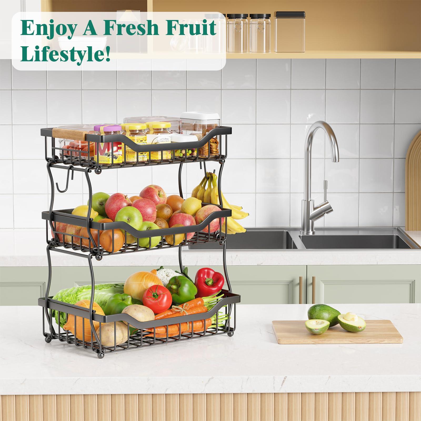 Giwil Giwil 3 Tier Countertop Fruit Basket for Kitchen, Vegetable Storage Basket Bread Fruit Bowl Stand with 2 Banana Hooks, Wall Mounted Metal Wire Basket Organizer for Potato Onion, Black