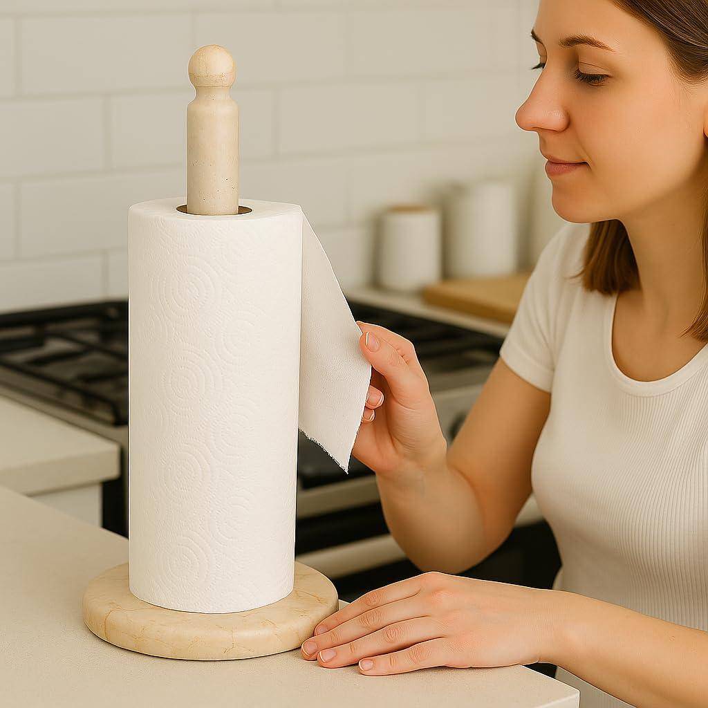 Creative Home Creative Home Natural Champagne Marble Upright Paper Towel Holder Kitchen Towel Dispenser Stand Kitchen Countertop Organizer, 6.5\" Diam. x 12.5\" H, Beige