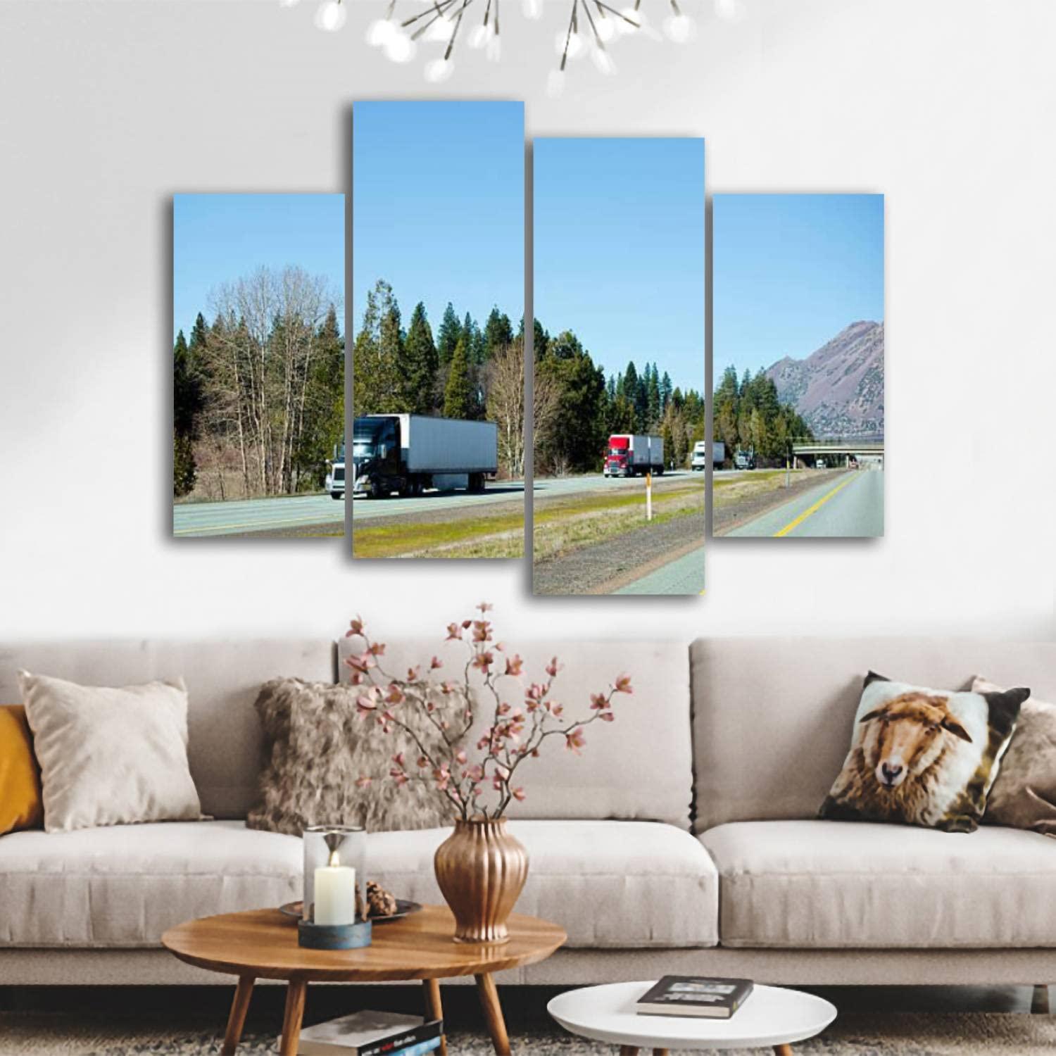 CXHSZHYZYQ Canvas Wall Art Prints Pictures Semi trucks trucking convoy interstate highway California Stretched & Framed Modern Wall Painting Home Decor for Living Room Bedroom Ready to Hang 4 Panel