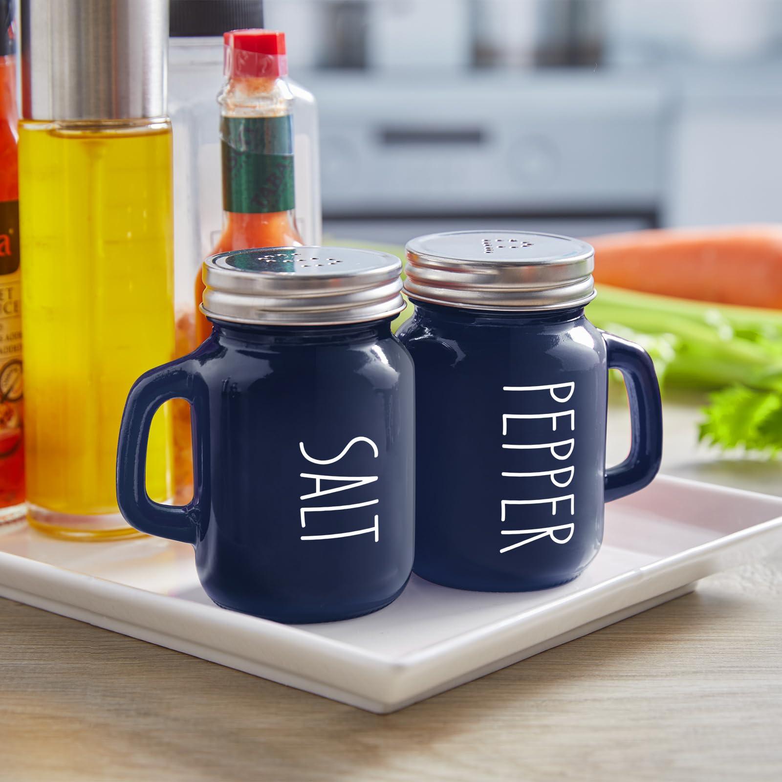 ZOSUJO Navy Blue Salt and Pepper Shakers Set, 4 oz Cute Modern Glass Shaker Sets with Stainless Steel Lids, Blue Kitchen Decor and Accessories for Home Restaurants Weddings