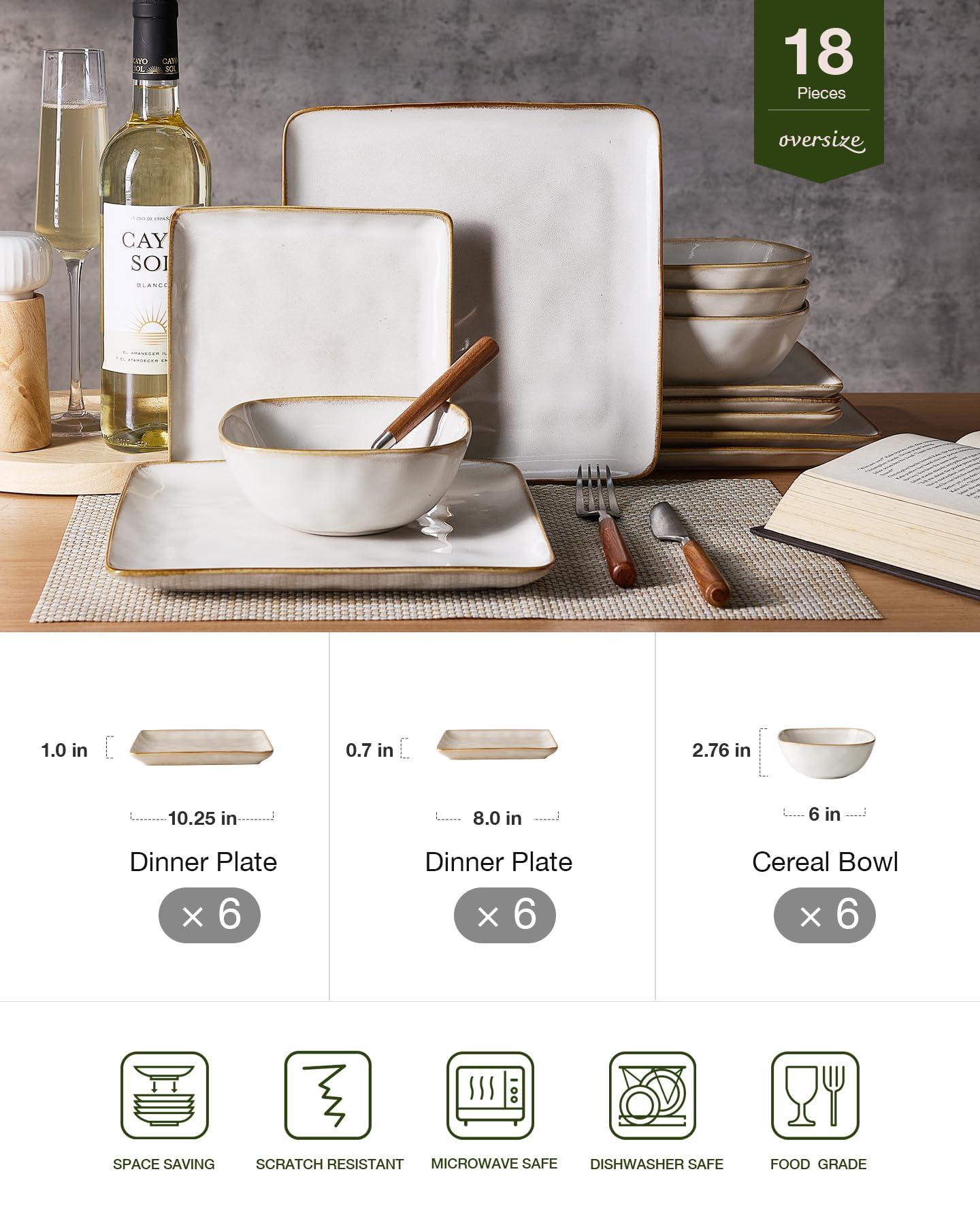 famiware Famiware Ocean Square Plates and Bowls Set, 18 Pieces Dinnerware Sets, Dishes Set for 6, Microwave and Dishwasher Safe, Scratch Resistant, Cappuccino White