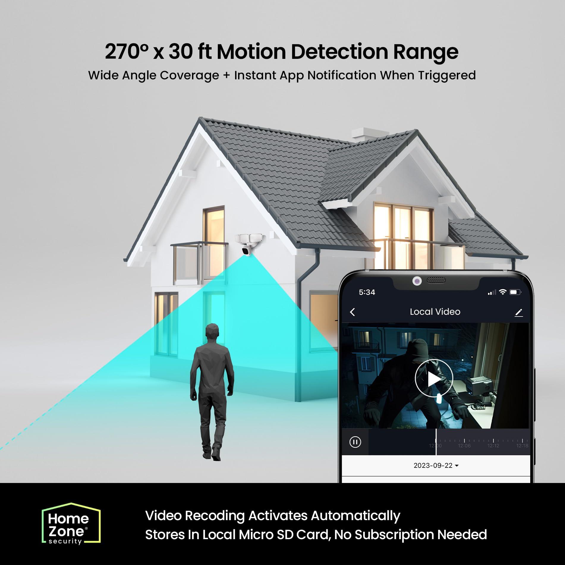 Home Zone Home Zone Security Triple Head Floodlight Camera Smart 2.4 GHz 1080P Outdoor Hardwired 3500 Lumen LED Flood Light Camera with 128GB Local Storage Included, White