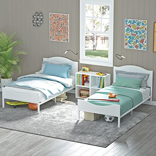 Timy Timy Kids Twin Bed Frame with Wooden Headboard and Footboard, Metal Platform Bed Frame for Boys Girls Teens Adults, Modern Kids Bed Furniture, No Box Spring Needed, White
