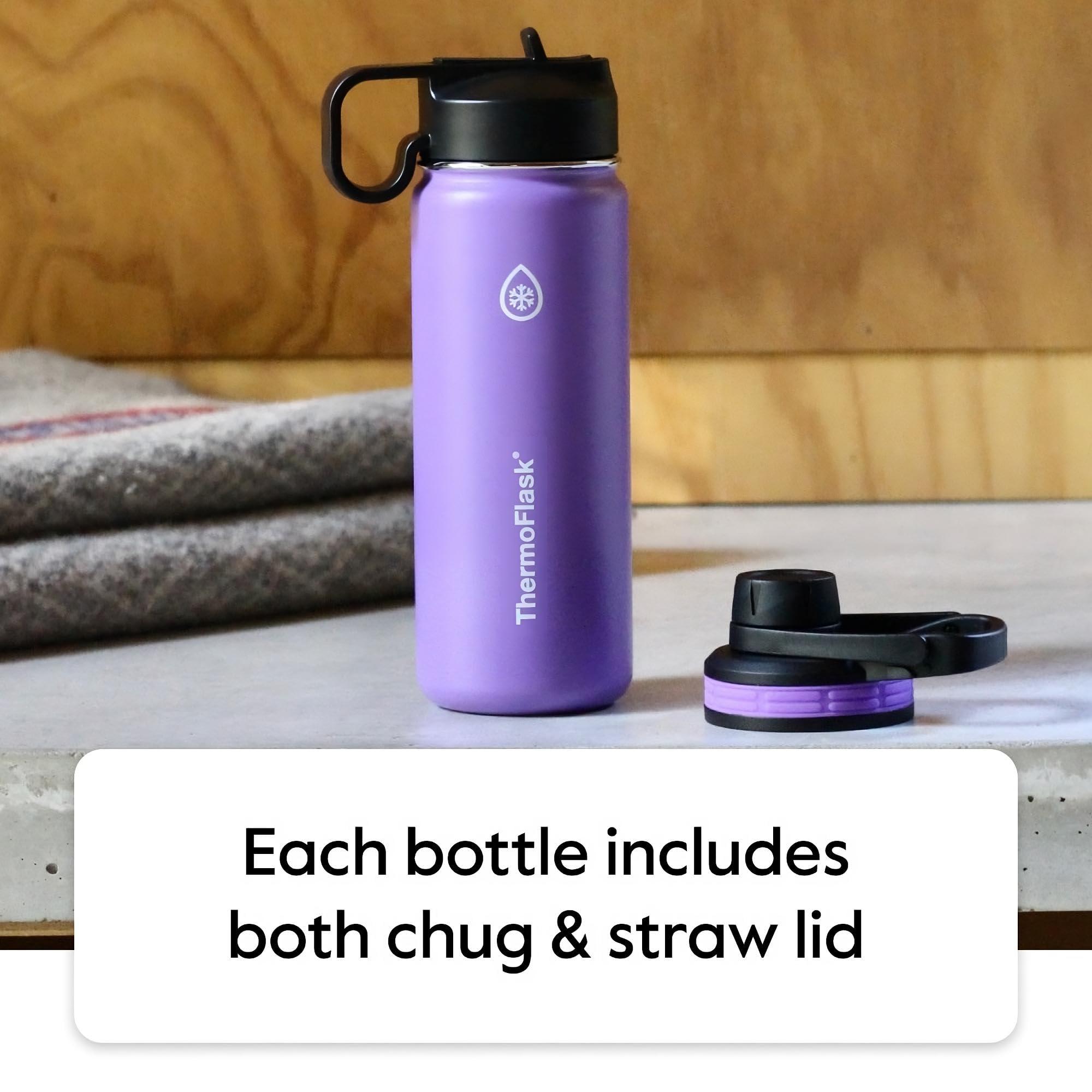 Thermoflask ThermoFlask Bottle with Chug Lid & Straw Lid - Insulated Stainless Steel Water Bottle with Leak-Proof Lids - Dishwasher-Safe Reusable Bottle & Lids - Durable Bottle, 2 Straws & 2 Lids - 64 oz, Black