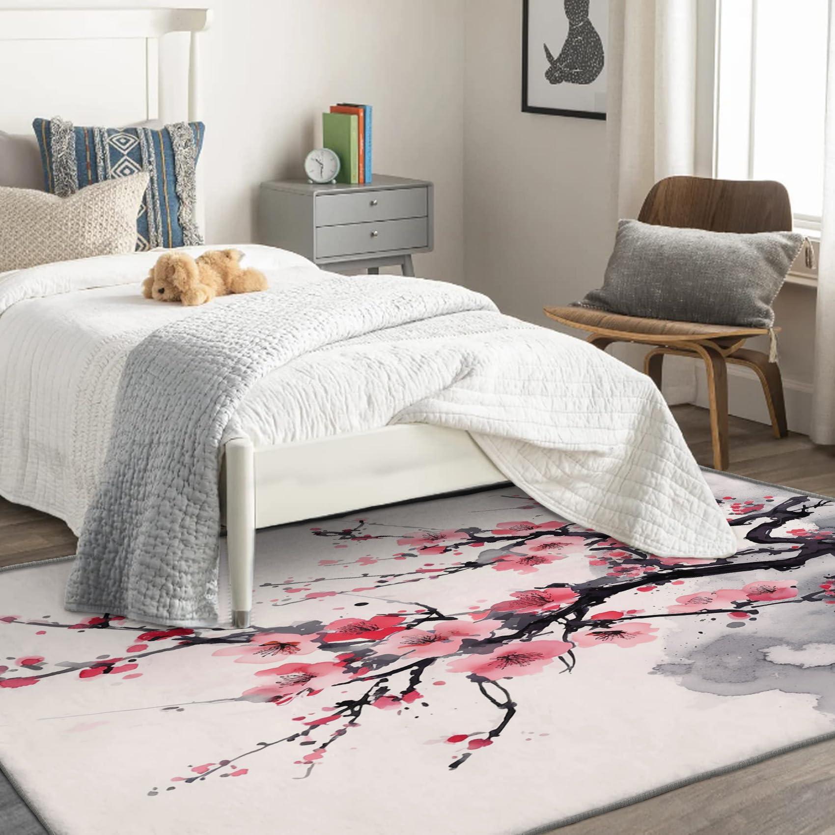 GEDAEUBA Cherry Blossom Rug 6x8 ft, Area Rug, Japanese Rugs for Living Room Bedroom, Ink Painting Carpet, Kids Room Decor for Boys Girls, Washable Non Slip Soft Low Pile Indoor Area Rugs