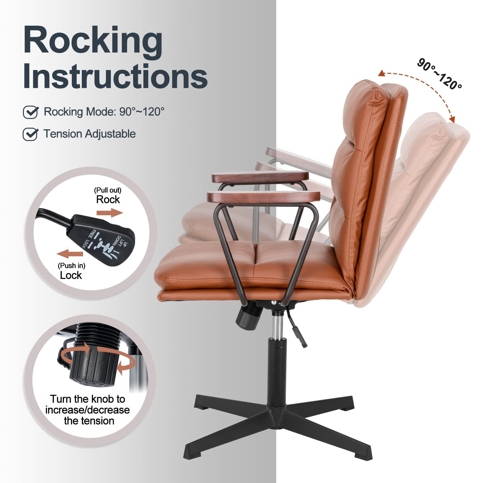 Okeysen Okeysen Office Desk Chair No Wheels, Swivel Chair with Retro Wooden Armrests, Criss Cross Legged Armless Computer Chair for Home Office, Mid Century Modern Adjustable Task Chair with Thick Cushion