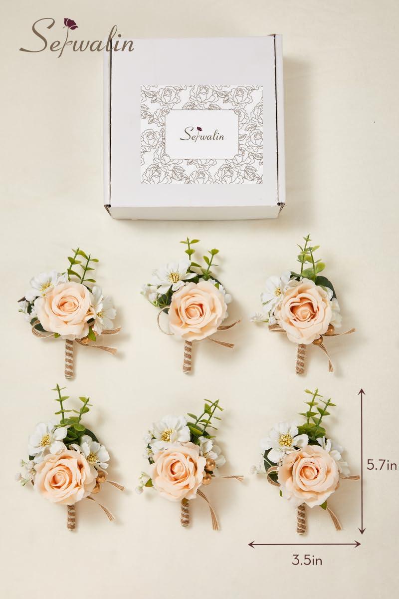 Serwalin Serwalin 6 Pcs Champagne Boutonniere for Men Wedding
