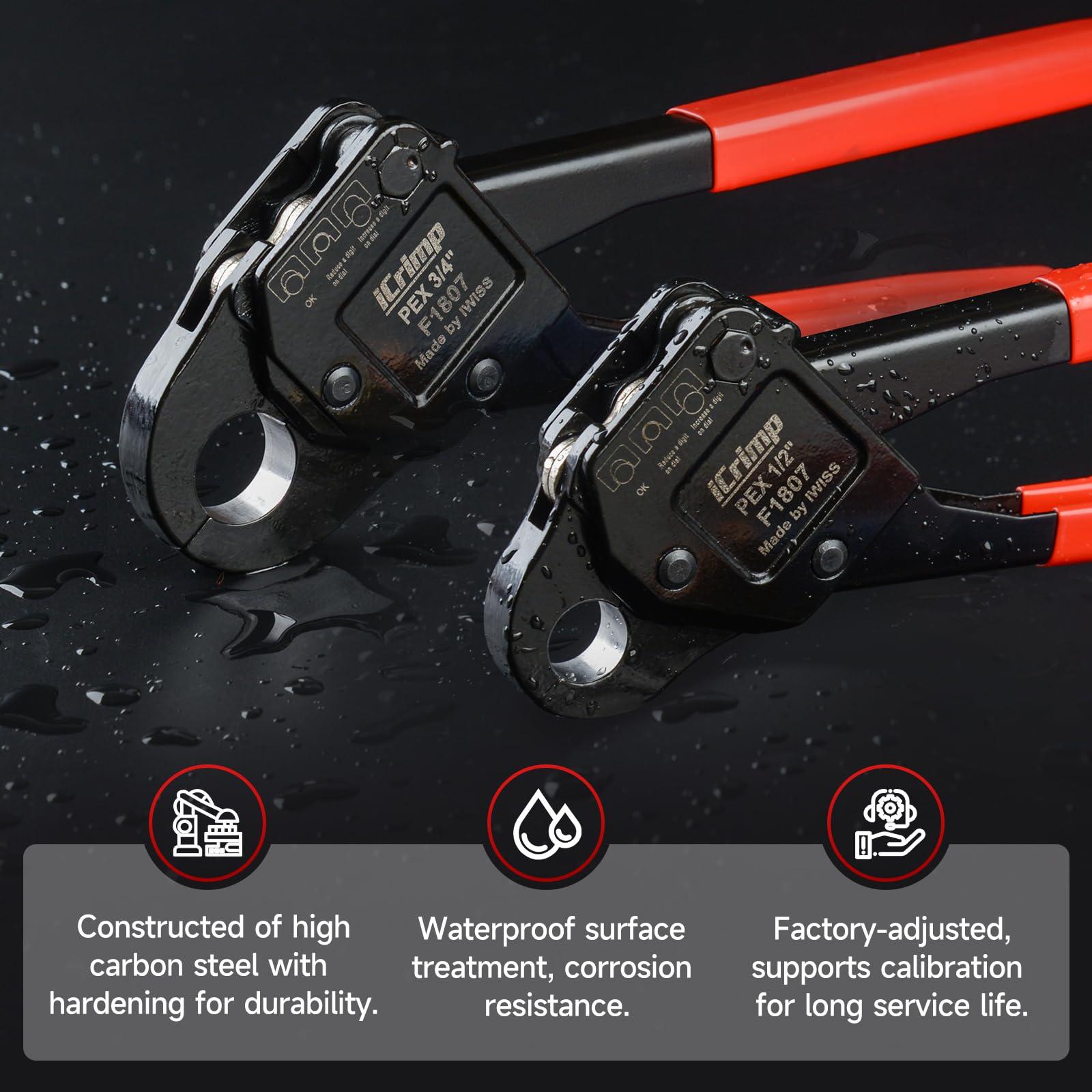 IWISS iCrimp Angle Head F1807 PEX Pipe Crimping Tool for Copper Rings - 1/2&3/4-inch Two Crimper Set with Cutter, Suitable for Tight Spaces