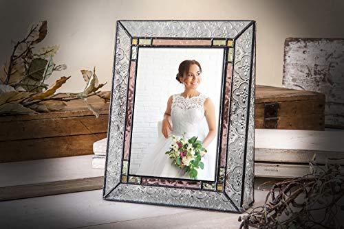 J Devlin Glass Art Glass Picture Frame 5x7 Photo Display Wedding Anniversary Colorful Green, Pink Rose J Devlin Pic 137-57V