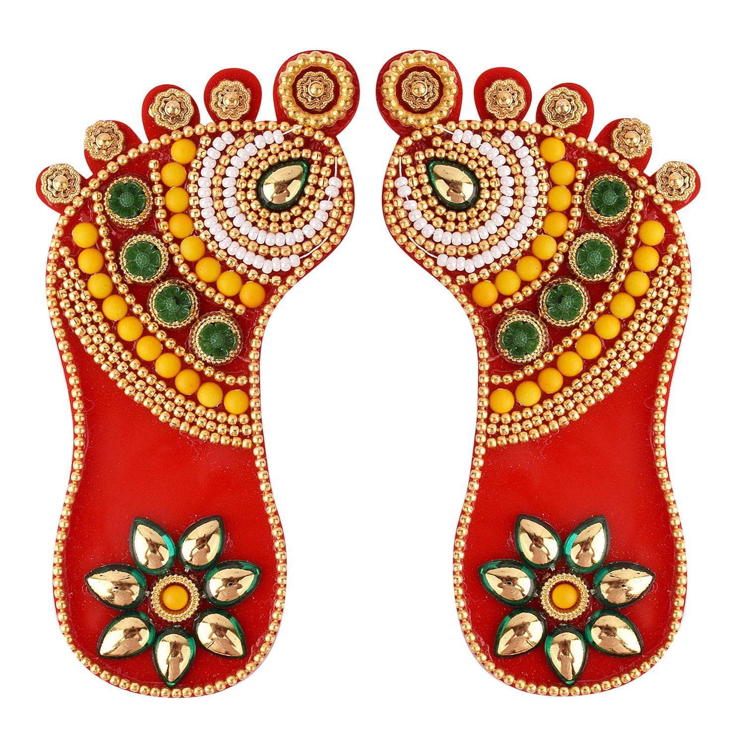 SATVIK STORE SATVIK 1 Pc Set of Acrylic Lakshmi Mata Charan Paduka Sticker Diwali Festival Decoration with Stone Moti Mandir Home Office Floor Festival Pujan Home Floor Kolam Shubh Labh Rangoli Stickers (DESIGN 1)