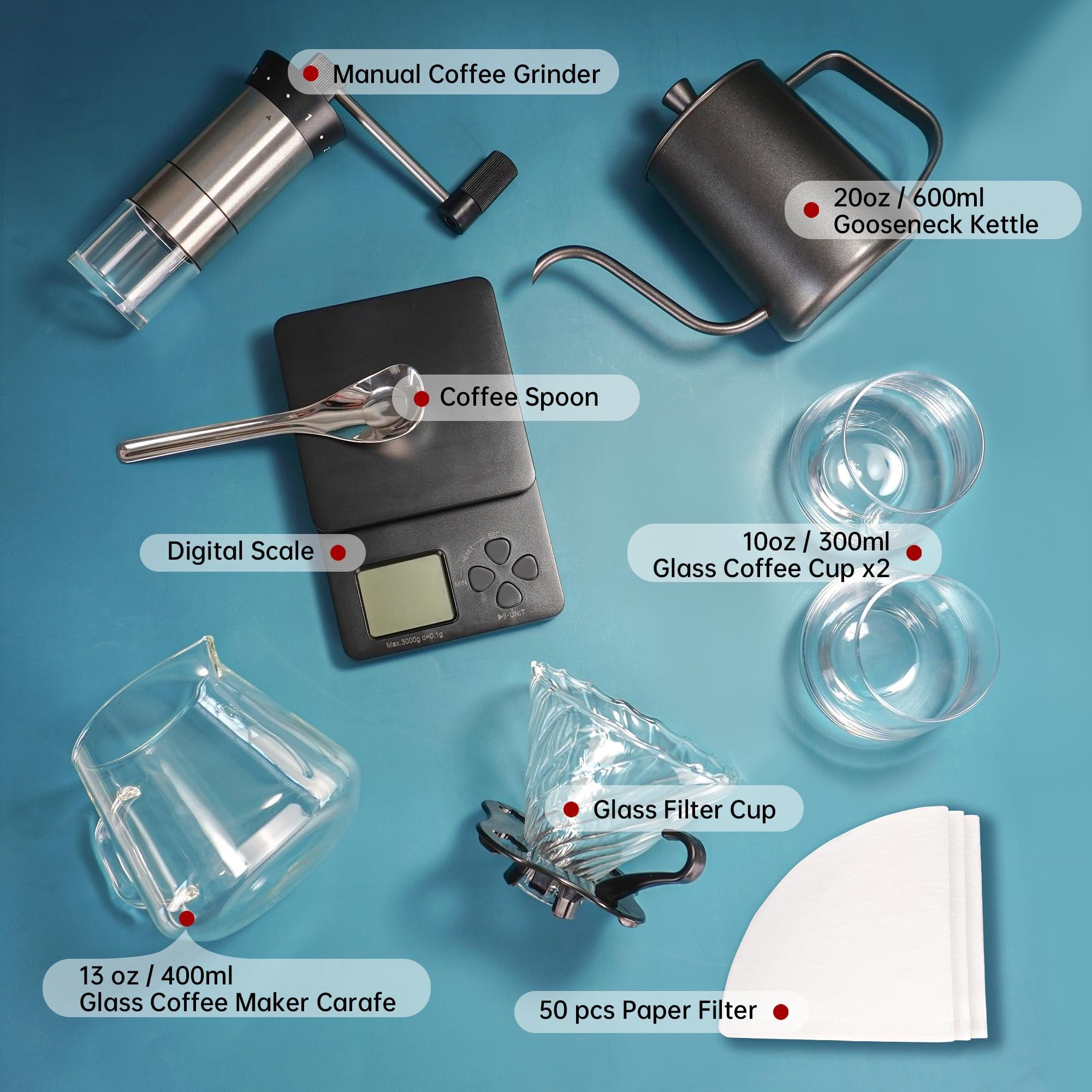 SuperCook SuperCook Hand Drip Pour Over Coffee Set, All in One Includes Gooseneck Kettle, V60 Glass Dripper, Paper Filter, Coffee Cups, Manual Grinder, Coffee Scale, Ideal for Anniversary Birthday Gift