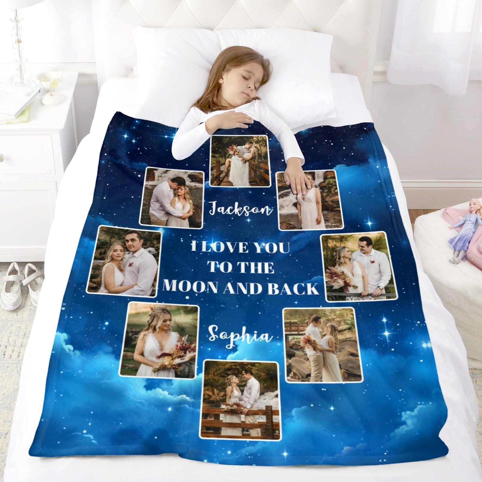 YMDLQDP YMDLQDP Personalized Picture Blankets with Photos Custom Photo Collage Blanket with I Love You to The Moon and Back Customized Couple Name Blanket for Valentine\'s Day Wedding Mother\'s Day Birthday