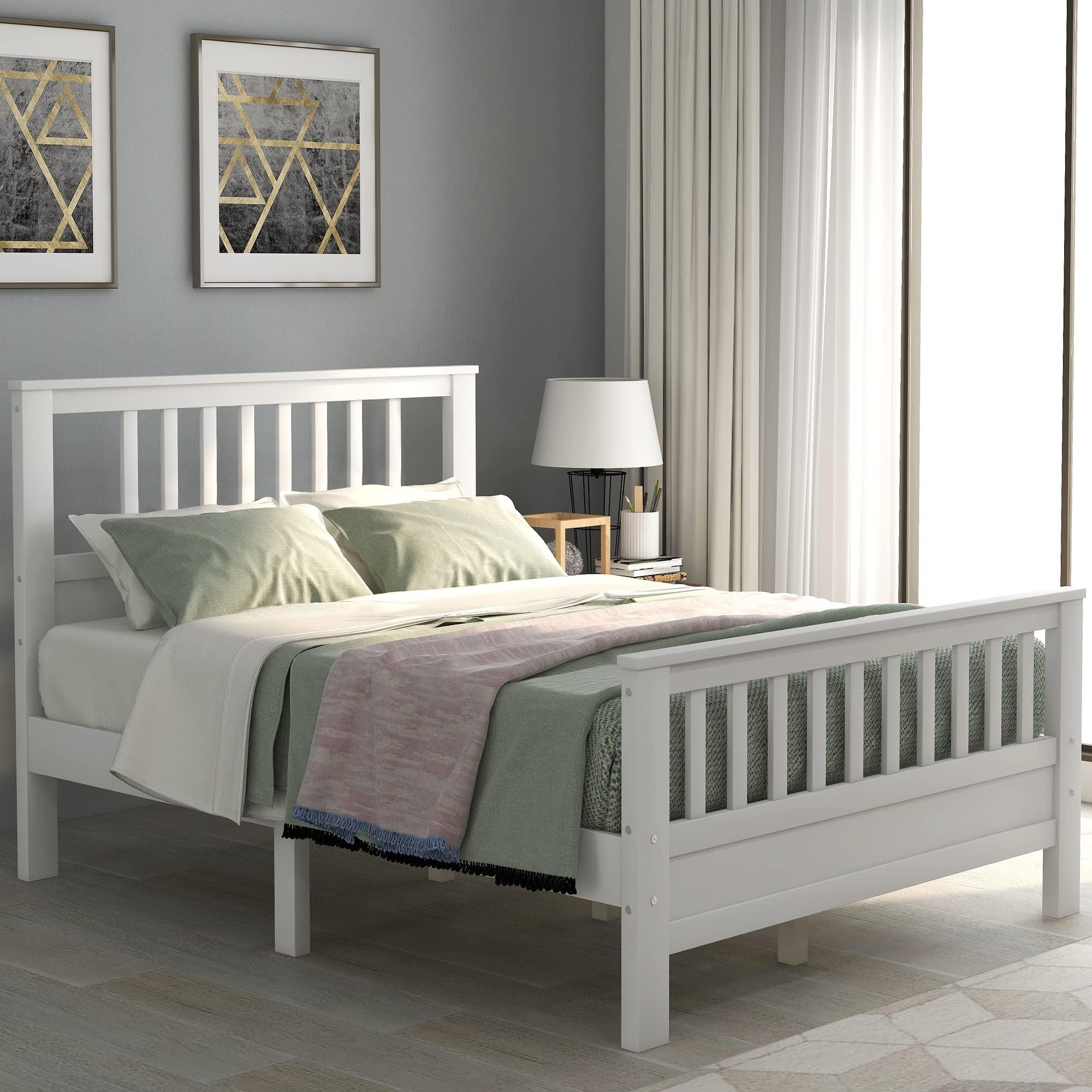 DSHADE DSHADE Pine Wood Platform Bed Platform Bed Frame with Headboard and Footboard Platform Bed Frames Solid Wood Bed Frame No Box Spring Needed/Easy Assembl 78.7''L X 56''W X 42''H (White)