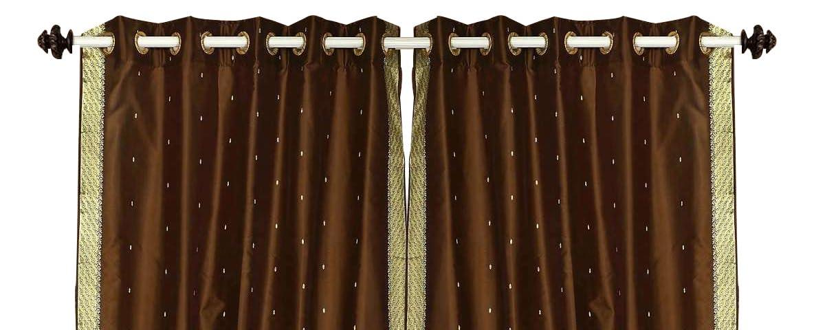 Indian Selections Handcrafted Brown Indian Sari Curtains, Tiebacks Included Lined Ring Top Sari Sheer Curtains, 80\"W x 63\"L, Privacy & Insulation for Living Rooms, Bedrooms, and Dining Rooms, Sold in Pairs