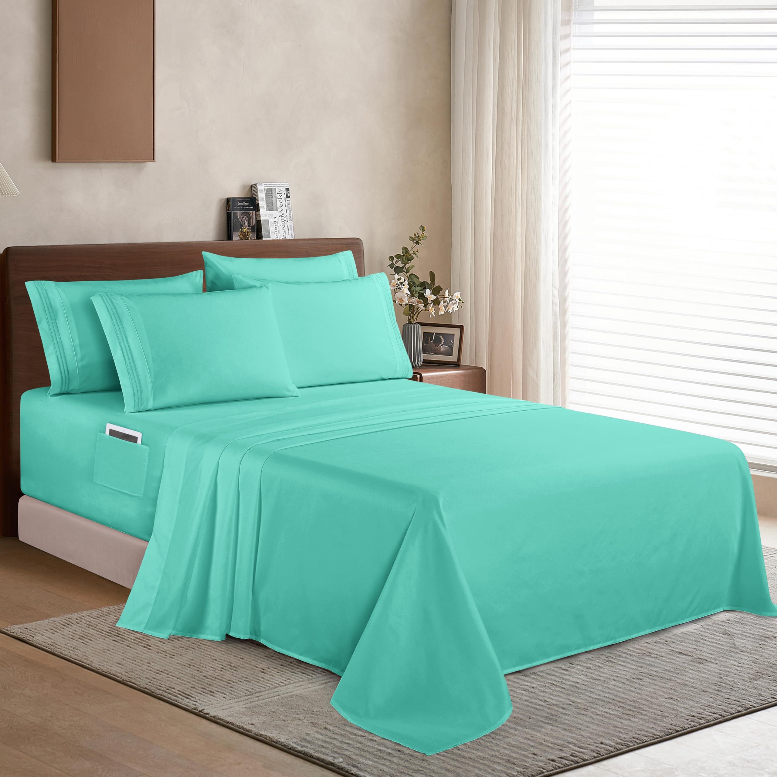 Elegant Comfort Elegant Comfort 1500 Premium Quality 6-Piece Bed Sheet Set - 18-24 Inch Extra Deep Pocket, Smart Storage Pockets, Wrinkle Free Ultra Soft 6PC Extra Deep Pocket Sheets, Full, Paradise Teal