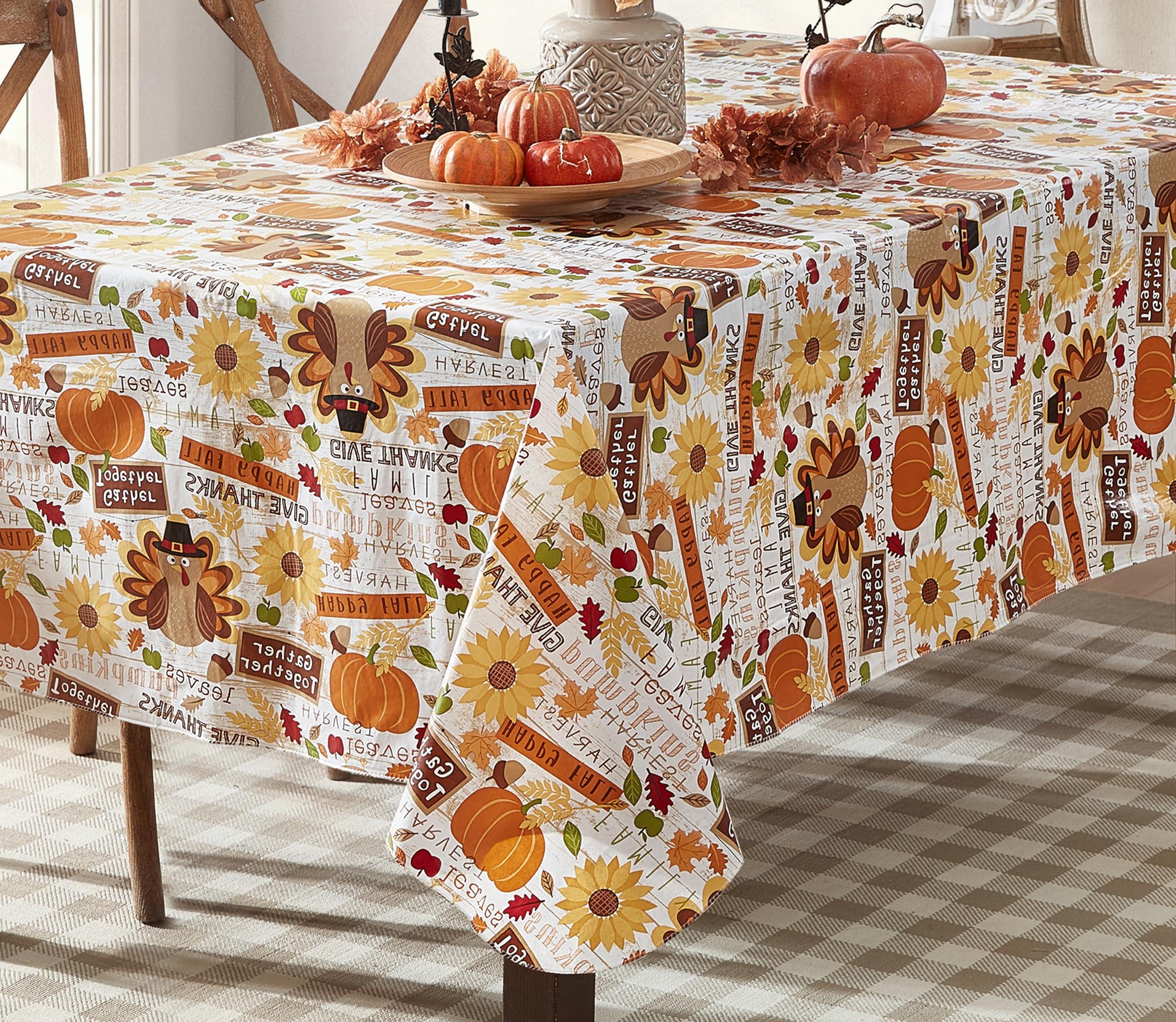 Newbridge Newbridge Happy Thanksgiving Turkey Vinyl Flannel Backed Tablecloth, Whimsical Fall Harvest Kitchen Dining Room Easy Care Vinyl Tablecloth with Flannel Backing Tablecloth, 52 x 70 Oblong/Rectangle