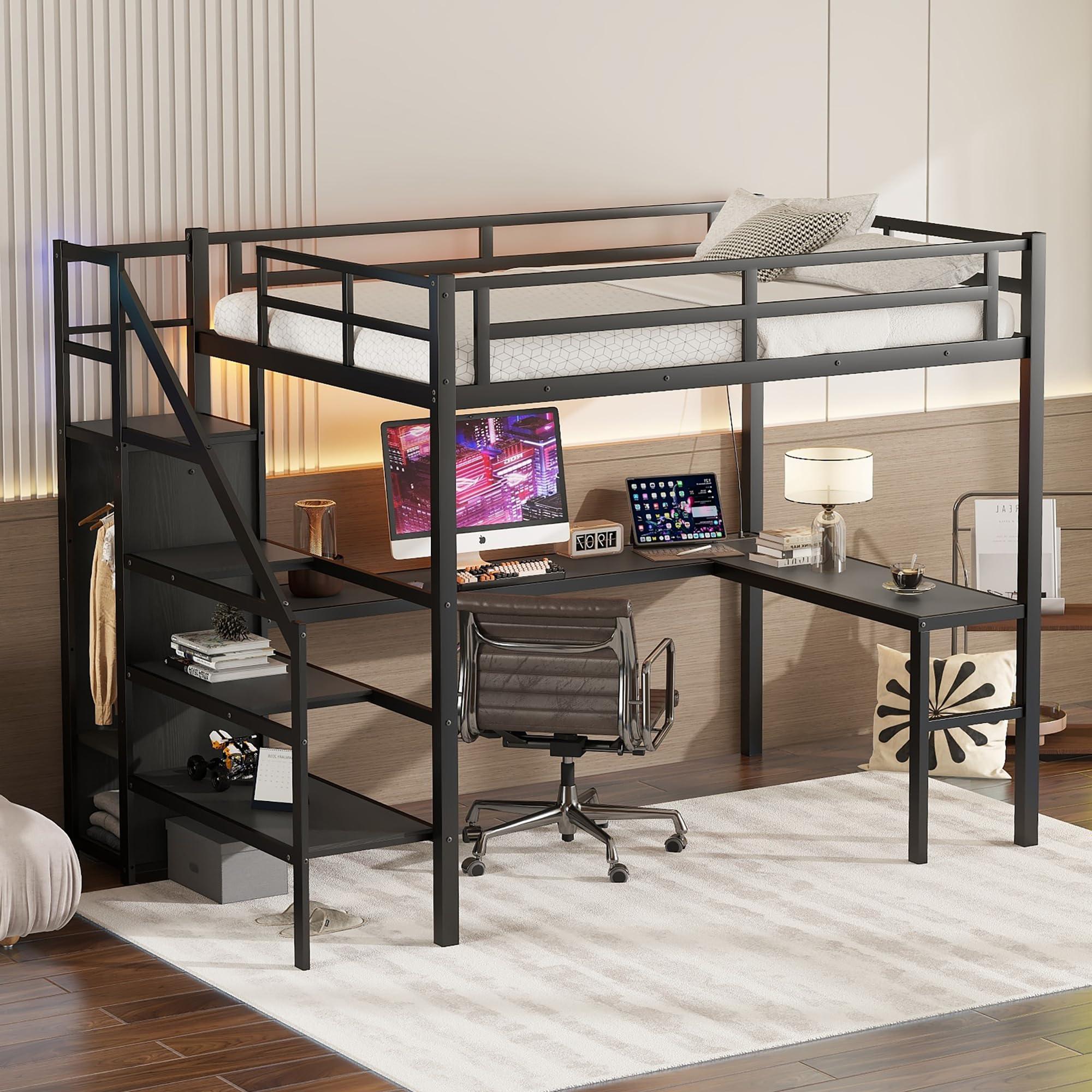 Linique Linique Full Size Gaming Loft Bed with L-Shaped Desk, LED and Charging Station, Metal Loft Bed with Wardrobe and Adjustable Shelf for Kids Teens Adults, Black