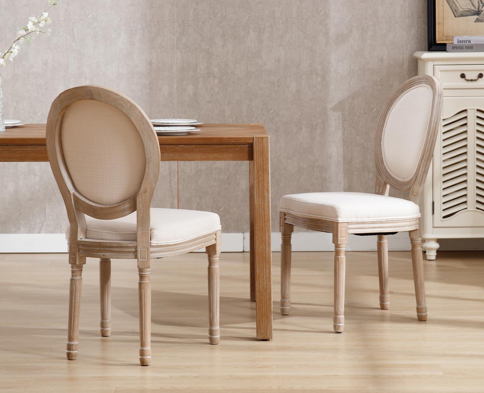 chairus chairus Farmhouse Dining Chairs Set of 4, French Country Dining Room Chairs Vintage Fabric Upholstered Chair with Round Back Dark Wood Legs, Beige 4 PCS