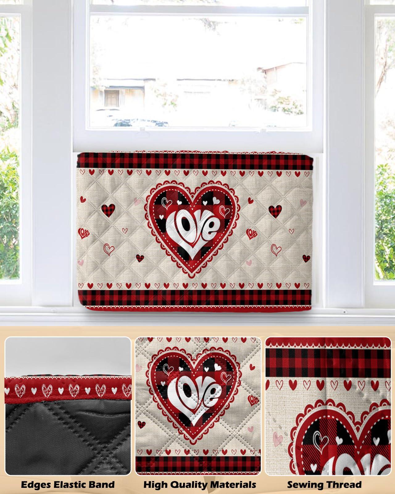 Yukro Indoor Air Conditioner Cover, Valentine's Day Love Heart Buffalo Plaid Linen Texture Dust-proof Window Air Conditioner Cover, Inside Window AC Unit Cover with Elastic Straps, 28L x 20H x 3.5D