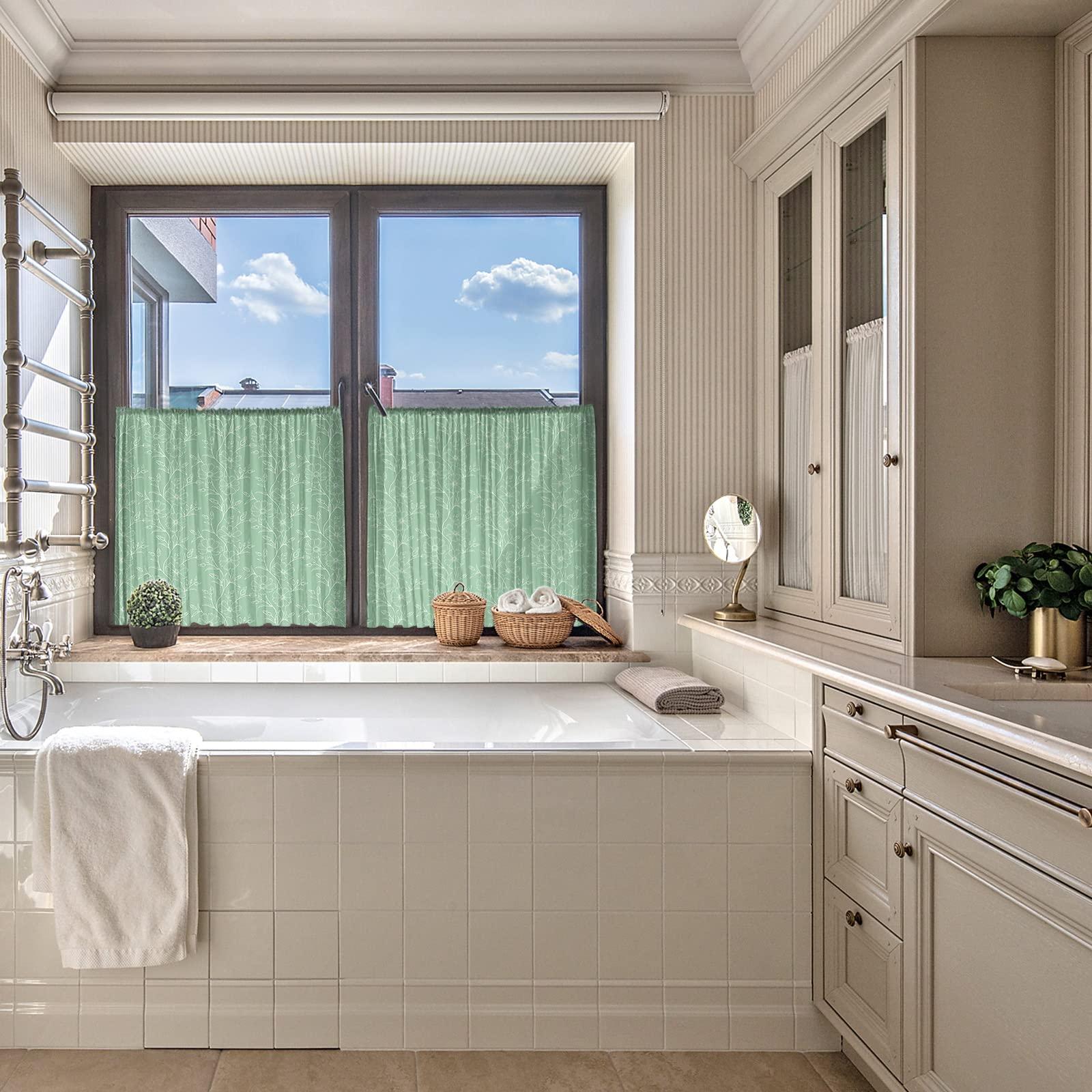 Yomandocix Yomandocix Semi Sheer Curtains 54 Inch Length, White Lines Flowers Leaves Sheer Kitchen Curtain Privacy Voile Window Curtain for Living Room Bedroom Rod Pocket Drapes Rustic Floral Green Backdrop