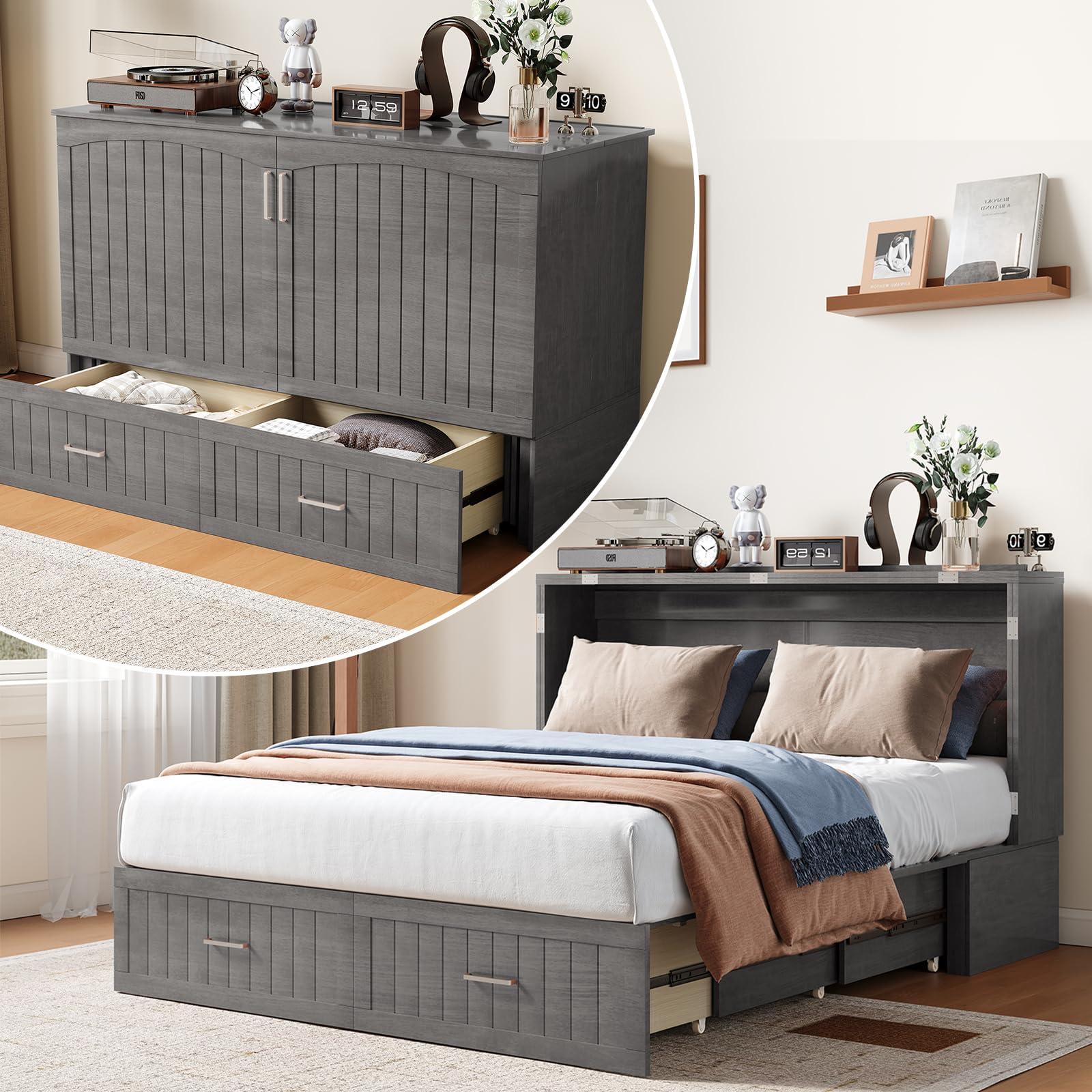 BALUS BALUS 64\" W Murphy Bed Cabinet with Mattress,Murphy Bed Queen,Modern Muti-Functional Cube Cabinet Bed 2 Large Drawers&3 Level Folding Foam Mattress for Living Room/Apartment/Loft (Stone Grey)