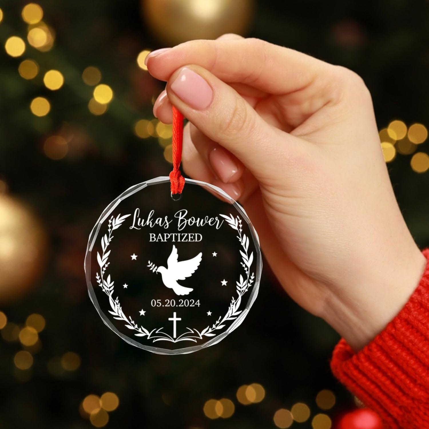 Cenluxy Baptized Glass Ornament Christmas, Personalized Baptism Ornament, Christening Xmas Ornament Gift for Godson Goddaughter from Godparents, Custom Name & Date Christening Ornament, Baby Baptism Ornament