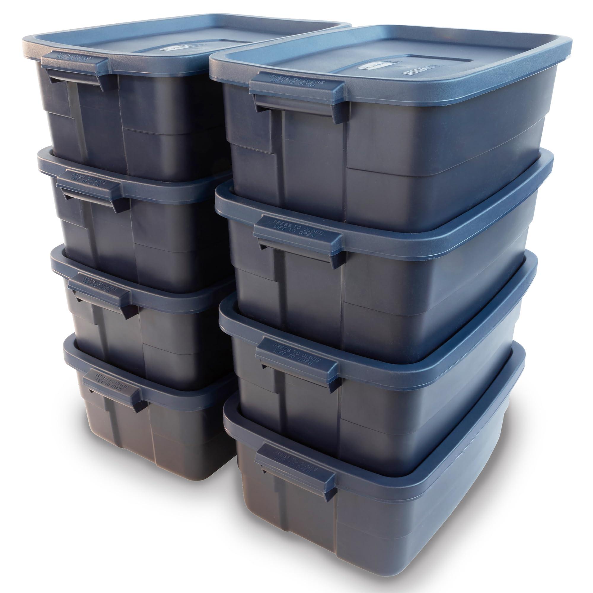 Rubbermaid Rubbermaid Roughneck Tote 10 Gal, 8 Pack, Made in USA, Dark Indigo Metallic, Rugged Plastic Stackable Storage Bins with Lids and Handles