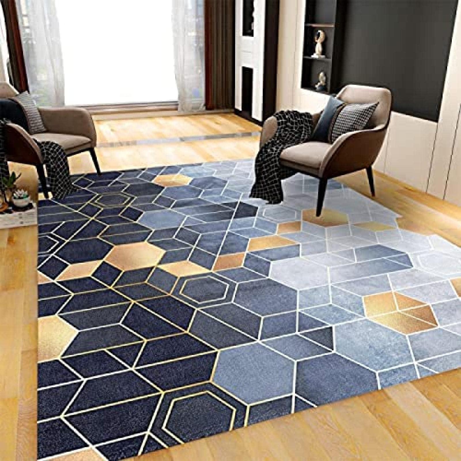 KOXAILI KOXAILI Black Gold Rug, 6 x 8 Rug, Geometric Honeycomb Non-Slip Rug, Morden Large Area Rug, Machine Washable Breathable Rugs for Living Room