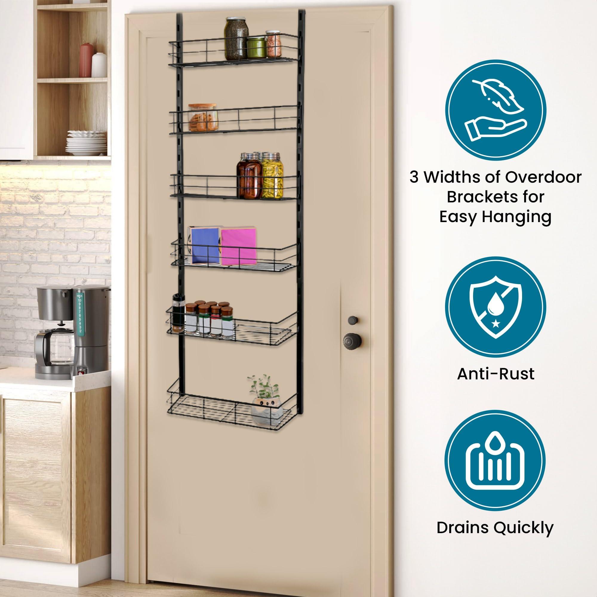 USTECH USTECH 6-Tier Heavy Duty Over The Door Pantry Organizer, Metal Hanging Storage Rack with Wired Tubing, Adjustable Shelves for Kitchen, Bathroom, Closet, Space-Saving Design, Black