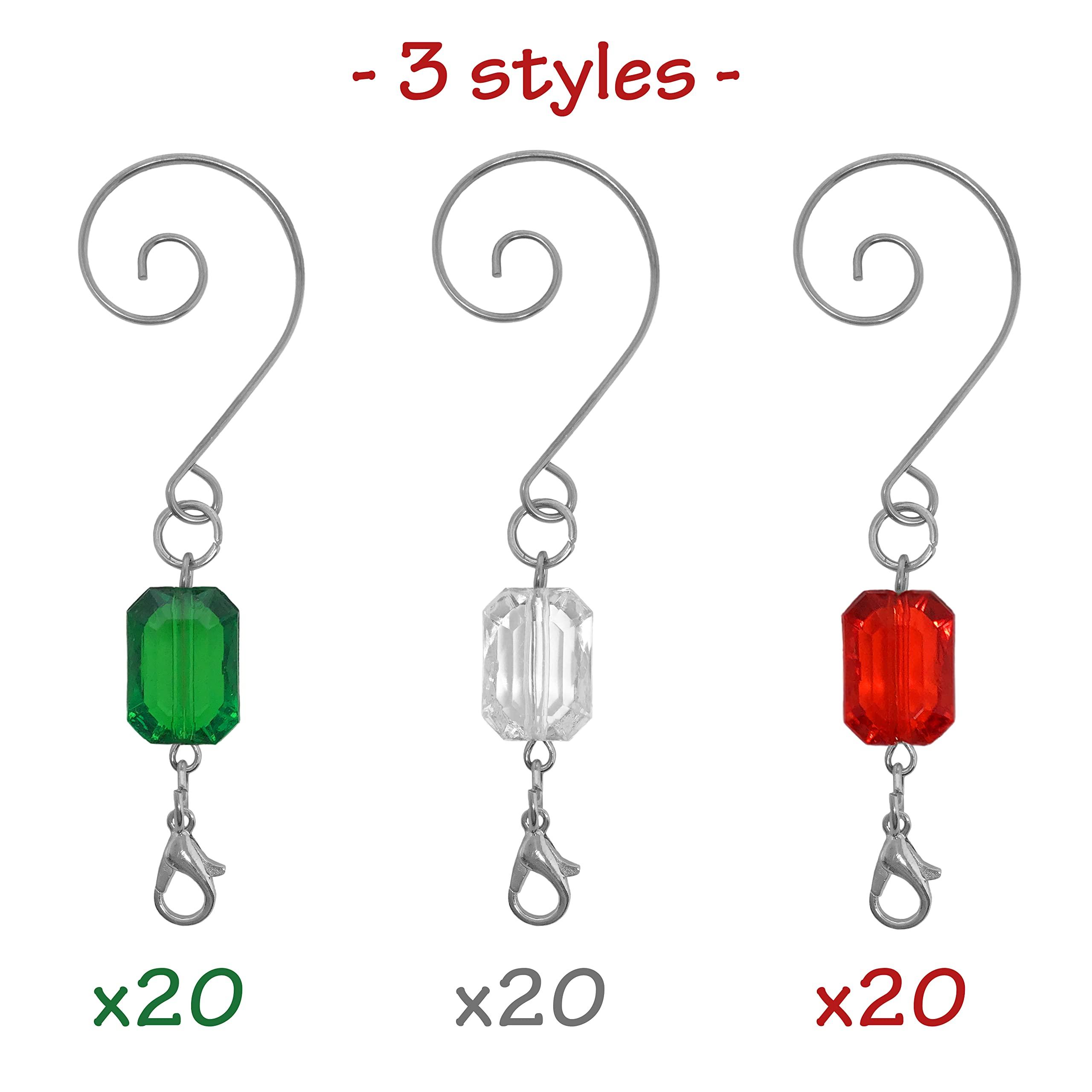 BANBERRY DESIGNS Christmas Ornament Hooks - Set of 120 - Red, Green and Clear Beaded Hangers - Decorative Silver Wire S-Hook with Sparkling Gems - Holiday Seasonal Dcor Accessories