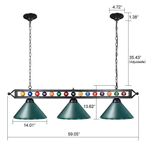 Wellmet Wellmet 59" Pool Table Light, 3 Lights Hanging Pool Table Lighting, Adjustable Billiard Lights for 7ft 8ft 9ft Pool Billiard Table, Bar Table, Green