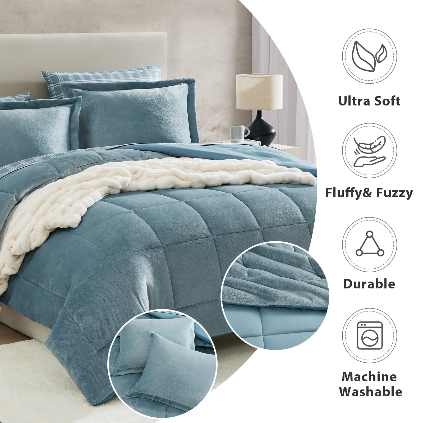 AMBERSPACE AMBERSPACE Plush King Size Comforter Set 7 Pieces, Light Blue Plush Flannel Velvet King Size Comforter Set with Sheets, Soft Warm Plush Comforters, King Bedding Set 7 Piece 102\"*90\" Light Blue