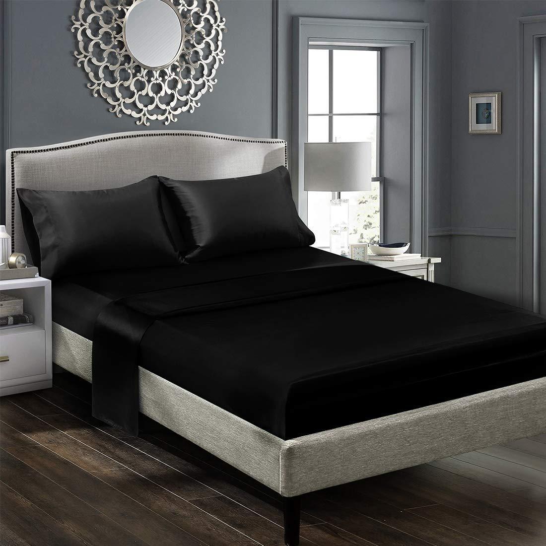 CottonFly 5Pcs Satin Split Cal-King Sheets Set for Adjustable Bed Hotel Bed Set 100% Soft Satin High Thread Count Fits Mattress Upto 18\'\'Deep Pockets Satin Split Cal-King Black Sheets Set