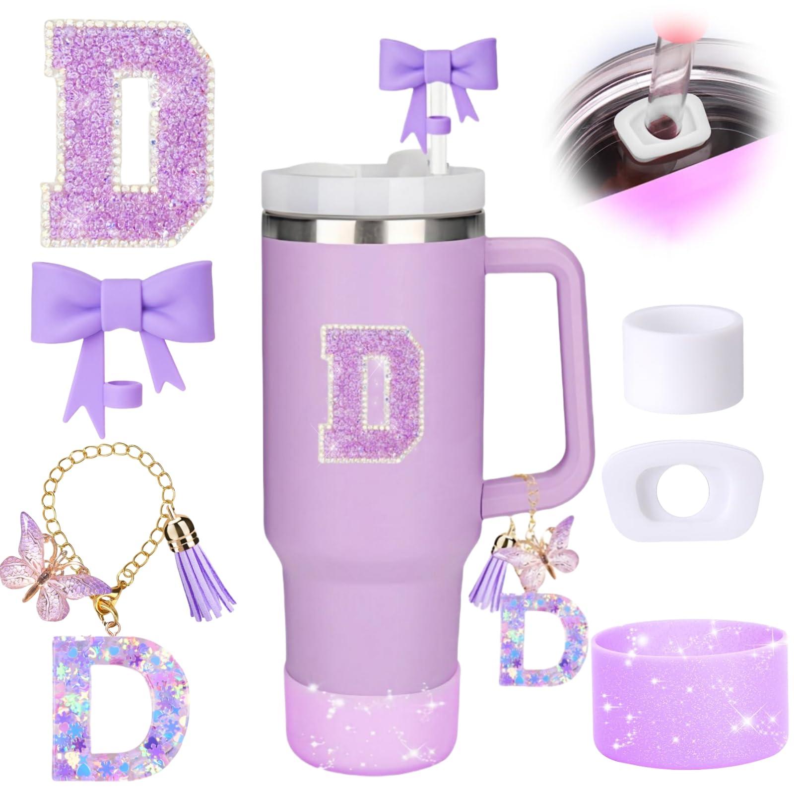 MOTEERLLU MOTEERLLU 6pcs Stanley Cup Accessories Set,Bow Straw Cover for Stanley Cup 30oz 40oz, Including Straw Topper,Spill Proof Stopper,Sparkly Silicone Boot Set,Handle Charm,Initials Sticker (D)