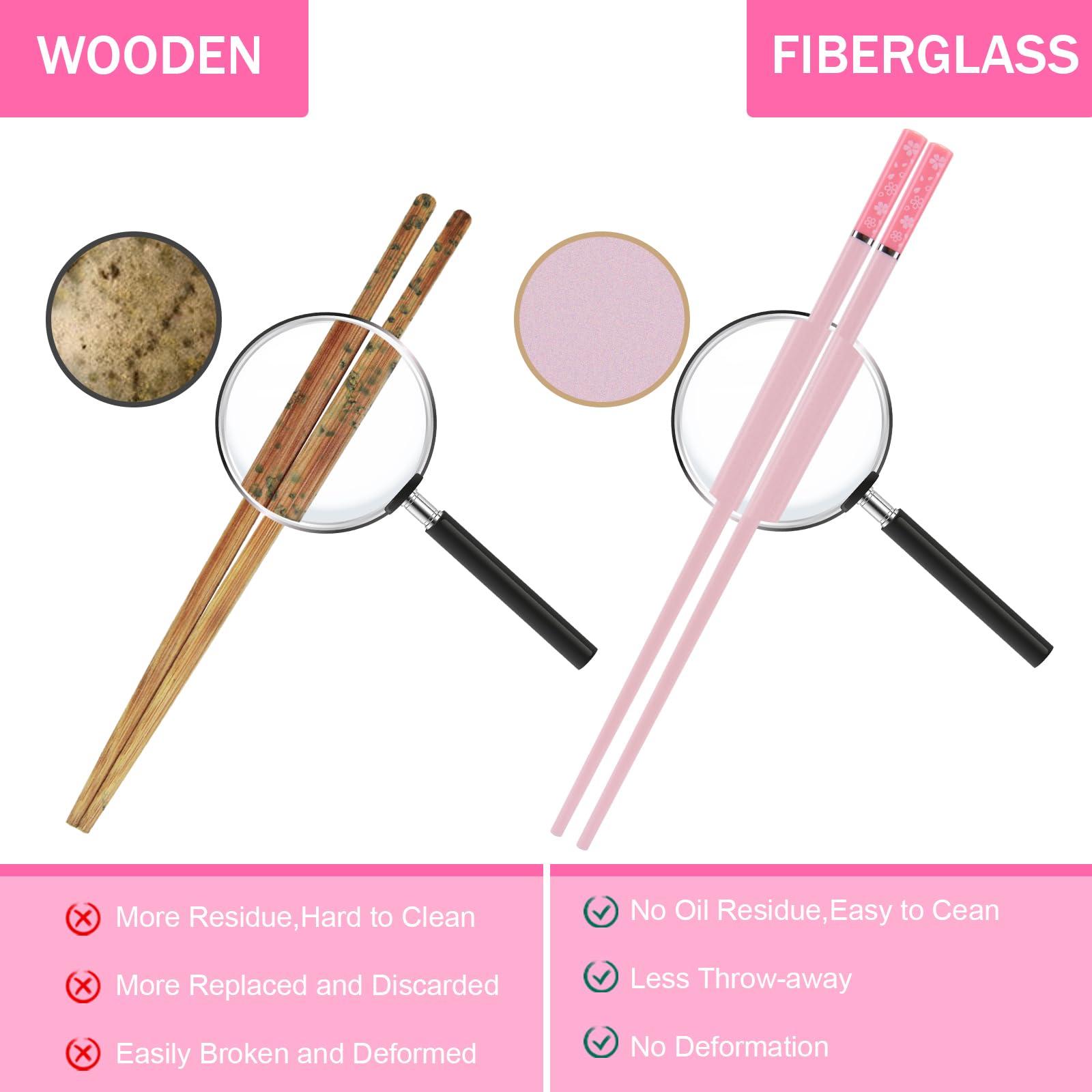GLAMFIELDS Chopsticks Reusable Dishwasher Safe, GLAMFIELDS 10 Pairs 9.5 Inches Premium Fiberglass Chop Sticks Set for Sushi, Ramen, Asian Cuisine, Non-slip, Pink