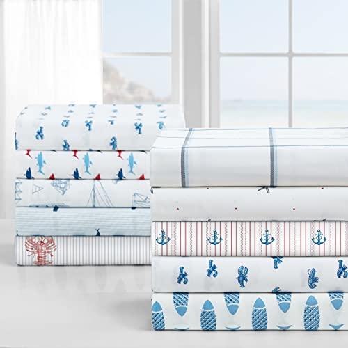 Nautica Nautica - 4PCS,Queen Sheet Set, Cotton Percale Bedding Set, Crisp & Cool, Lightweight & Breathable (Whale Stripe Blue, Queen)