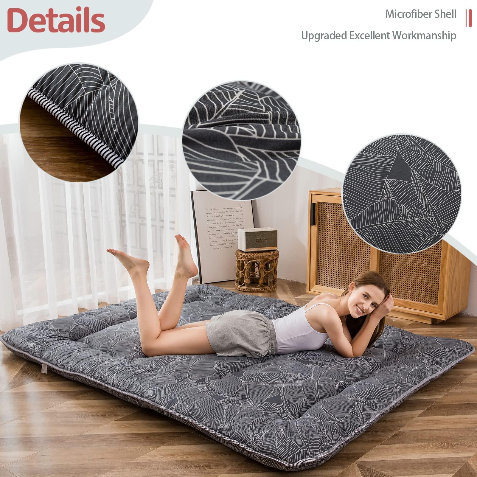 MAXYOYO Japanese Floor/Futon Mattress Thicken Sleeping Pad Roll Up Mattress Floor Lounger Bed Camping Mattress Guest Room Mattress Pad, Thick Soft and Comfortable, Black Leaf, Twin Size