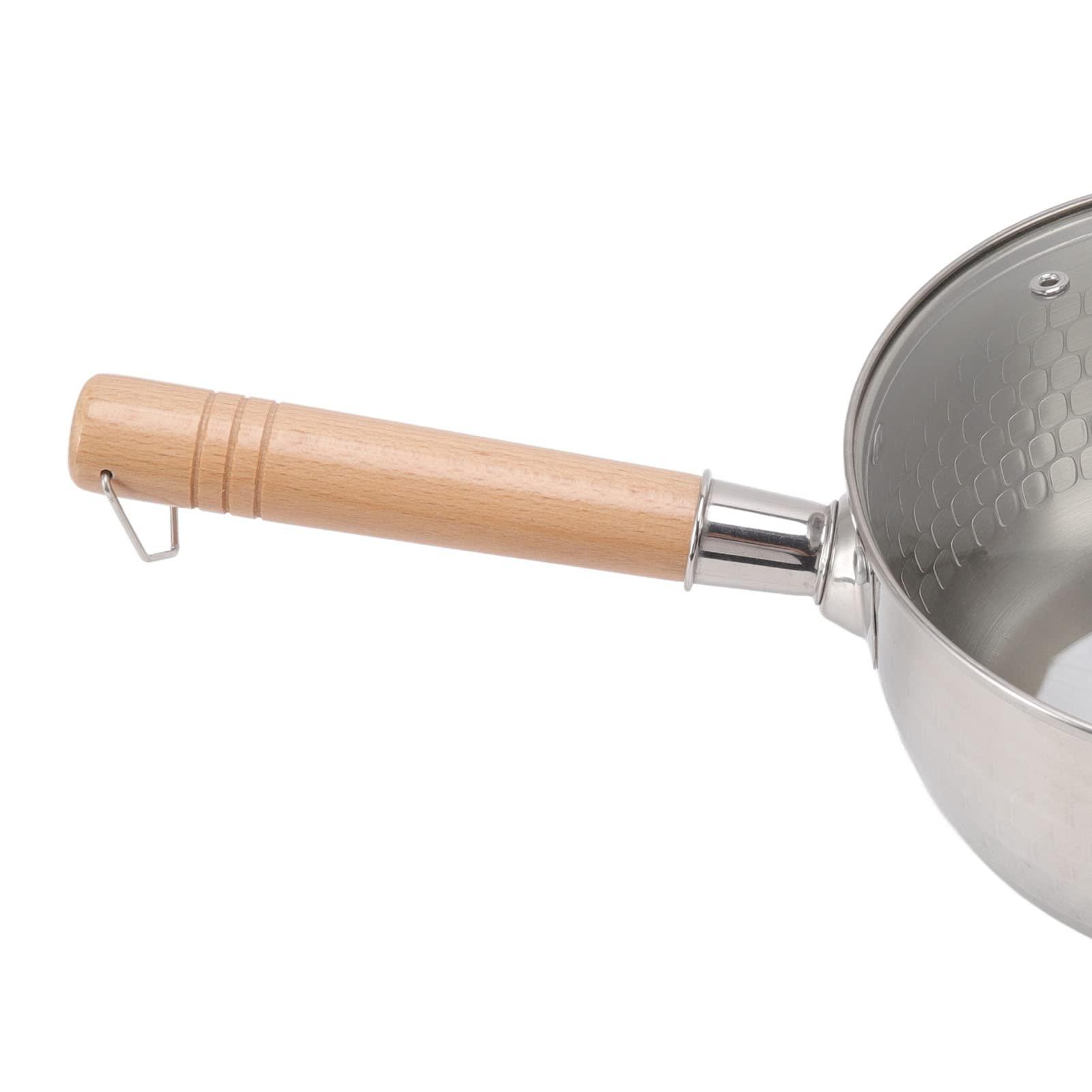 lvifloae Stainless Steel Crock Pot with Glass Lid with Lid and Wooden Handle Saucepan Traditional Japanese Snow Pot for Cooking, Noodles, Soups, Hot Milk 20 Cm