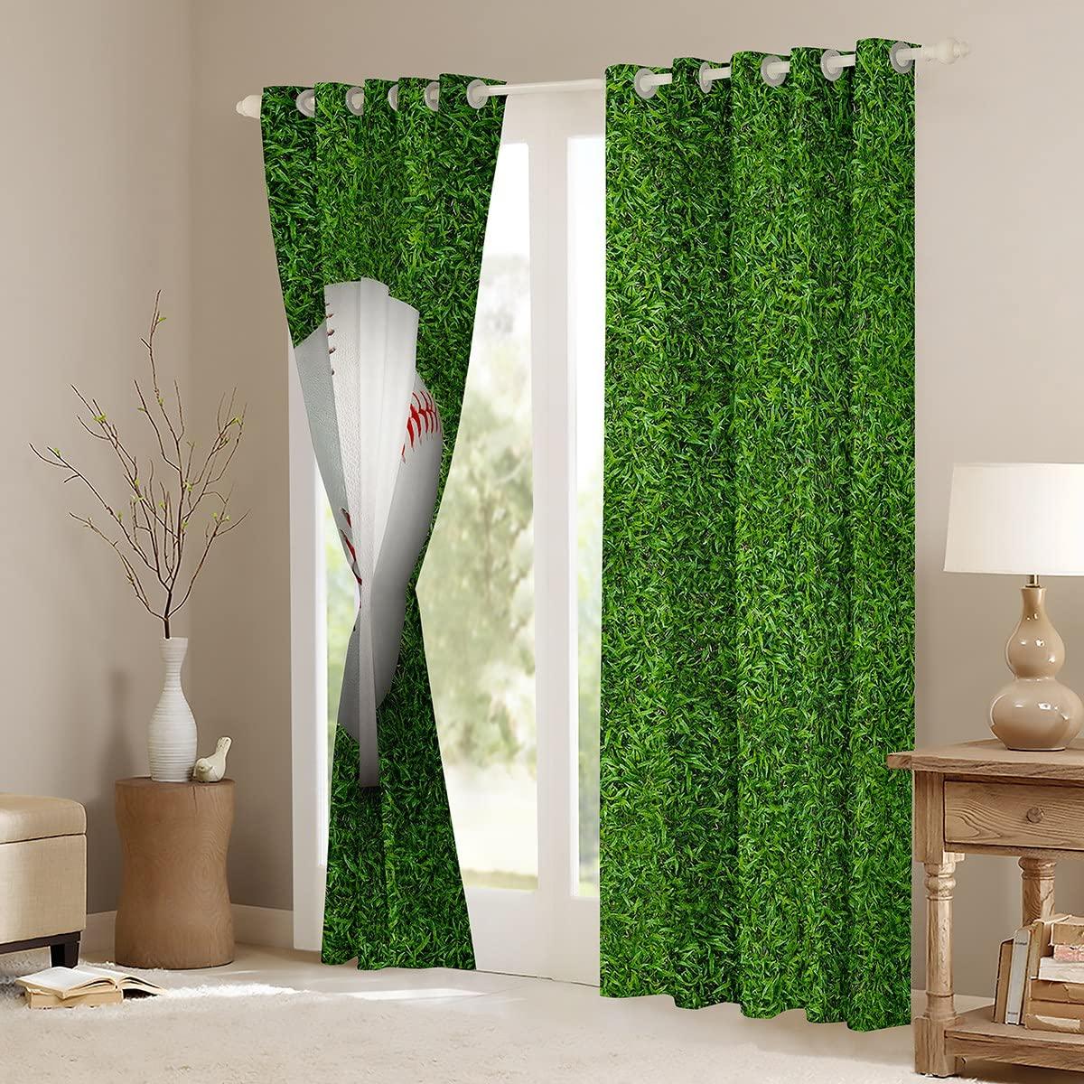 Homewish Baseball Window Curtains,Ball Sports Game Window Drapes for Kids Teens Adult,Grass Stripes Green Spring Summer Window Treatments Grommet Top 2 Panel Set Curtains, 42Wx84L inch