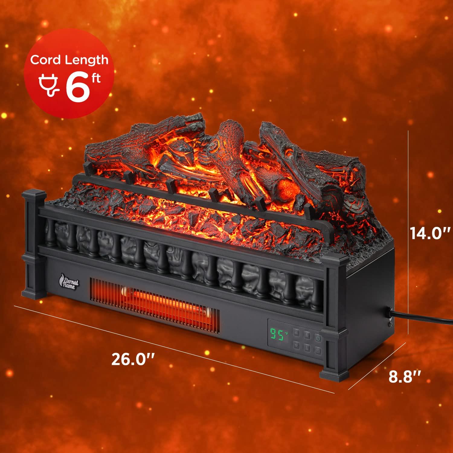 TURBRO TURBRO Eternal Flame 26-Inch Infrared Quartz Electric Fireplace Log Heater, Realistic Lemonwood Logs, Adjustable Flame Colors, Remote Control, Thermostat, Timer, EF26-LG, 1500W